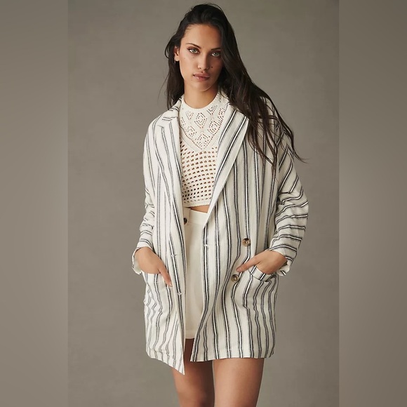 NWT Anthropologie Pilcro Striped Linen Blazer Jacket Size L Oversized Dolman - Picture 1 of 7